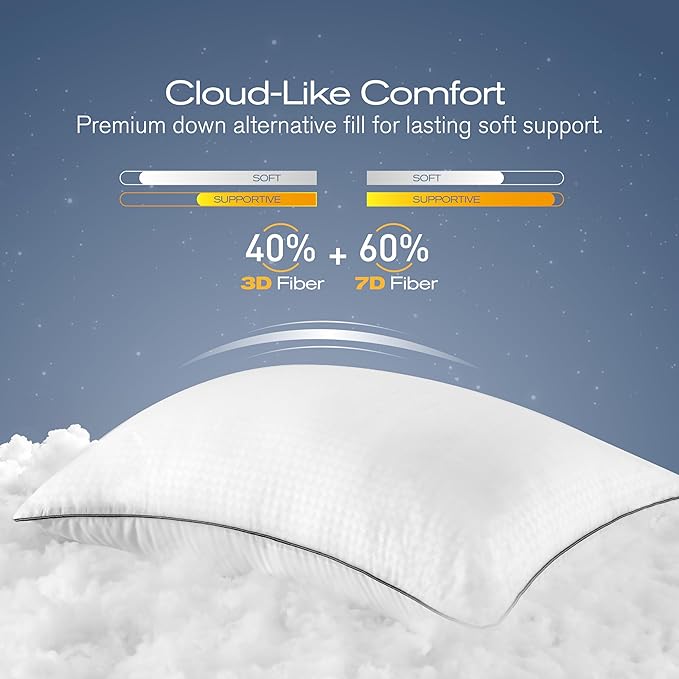 Standard Pillows Set of 2, Ultra Thick Down Alternative Bed Pillows,Cooling Hotel Quality Standard Pillow for Back, Stomach or Side Sleepers, Machine Washable (White,2 Pack)