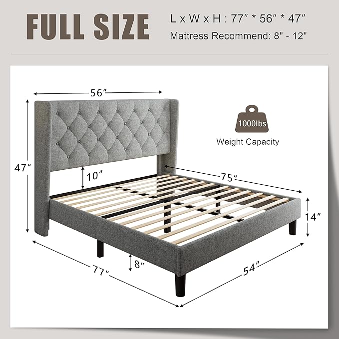 Einhomn Full Size Platform Bed Frame with Fabric Upholstered Wingback Headboard, 9" Under Bed Space, Wooden & Metal Slats Support, No Box Spring Needed, Light Gray