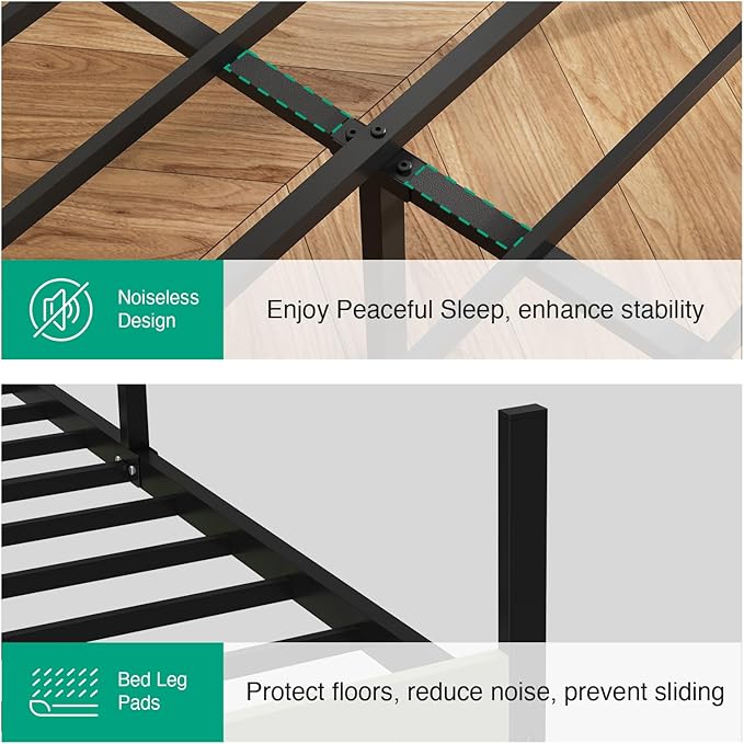 Novilla Queen Bed Frame with Modern Wooden Slatted Headboard, Easy Assembly, Heavy Duty Metal Platform, Noise-Free, Under-Bed Storage, No Box Spring Needed