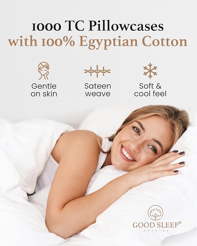 1000 TC White Standard Pillowcases Set of 2 100% Egyptian Cotton Pillow Cases with Long Staple Cotton & Sateen Weave, Silky Soft Hotel - Like Bed Pillow Covers for Comfy Sleeping, Snug Fit
