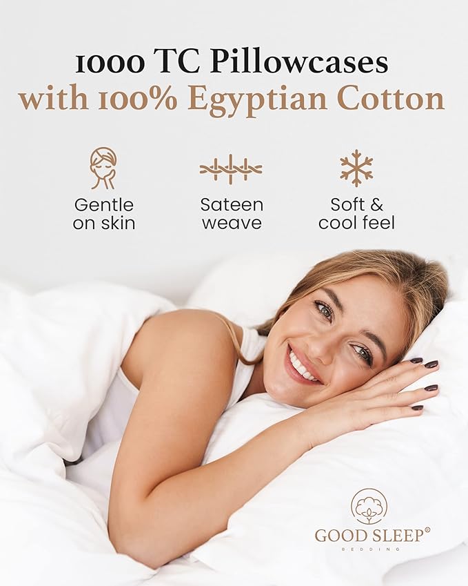 1000 TC White King Pillowcases Set of 4 100% Egyptian Cotton Pillow Cases with Long Staple Cotton & Sateen Weave, Silky Soft Hotel - Like Bed Pillow Covers for Comfy Sleeping, Snug Fit