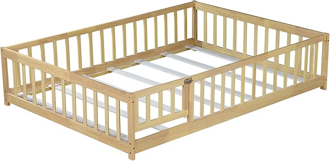 Bellemave Full Size Montessori Floor Bed Frame with Rails & Door, Solid Wood Kids Floor Bed Full with Removable Slats, Low Profile Montessori Bed for Children’s Sleep & Play, Natural