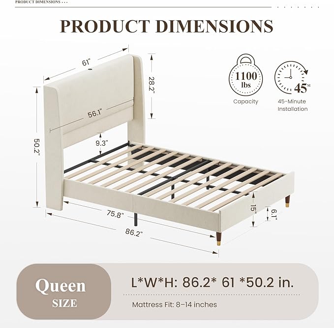 MALOL Queen Size Bed Frame with Upholstered Headboard, Linen Fabric Platform Bed Frame with USB Charging Ports, No Box Spring Needed, Sturdy Metal Support, Noise Free, Modern Bedroom Furniture,Beige