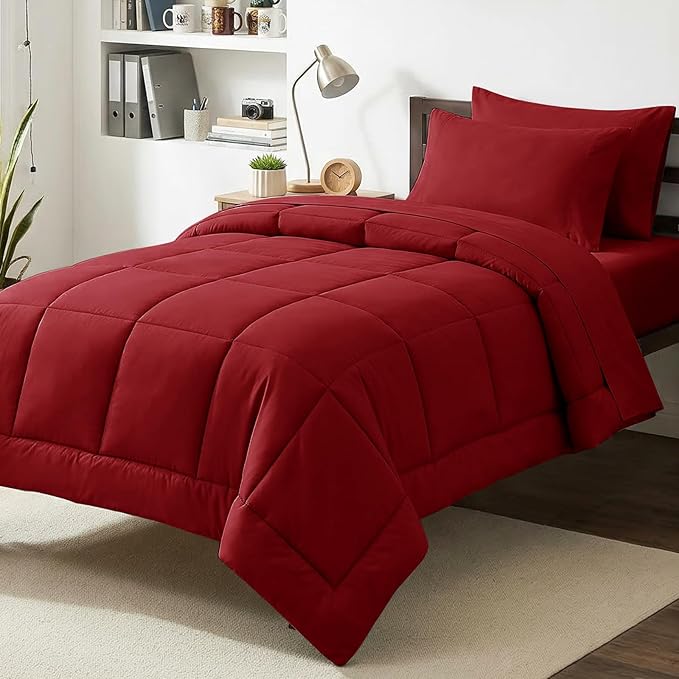 CozyLux Twin XL Comforter Set Dark Red, 5 Pieces Twin Extra Long Bed in a Bag for College Dorm, All Season Bedding Set with Stitch Quilted Comforter, Flat Sheet, Fitted Sheet, Pillowcases