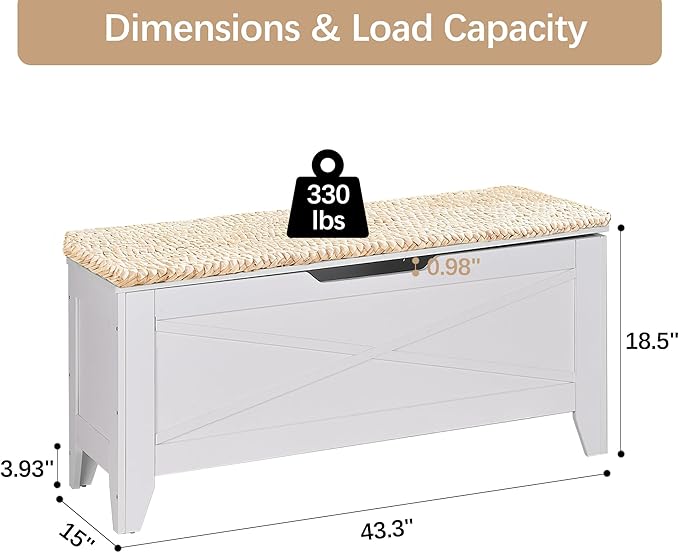 VECELO 43.3" Storage Chest with Lift Top Storage, Farmhouse Style Ottoman with Handwoven Wicker Cushion, Safety Hinges, Ideal for Entryway, Bedroom, Living Room, Ivory White