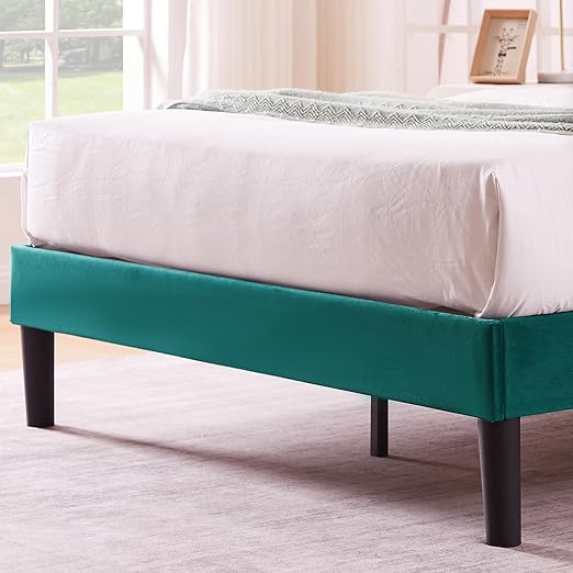 VECELO Full Bed Frame Upholstered Platform with Fabric Headboard,Wooden Slats Support/No Box Spring Needed/Mattress Foundation,Dark Green