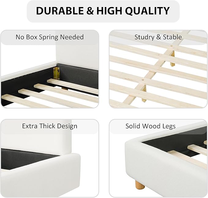 Merax King Size Boucle Upholstered Platform Bed Frame with Headboard,Modern Soft Fabric for Bedroom with Wood Slats Support for Bedroom