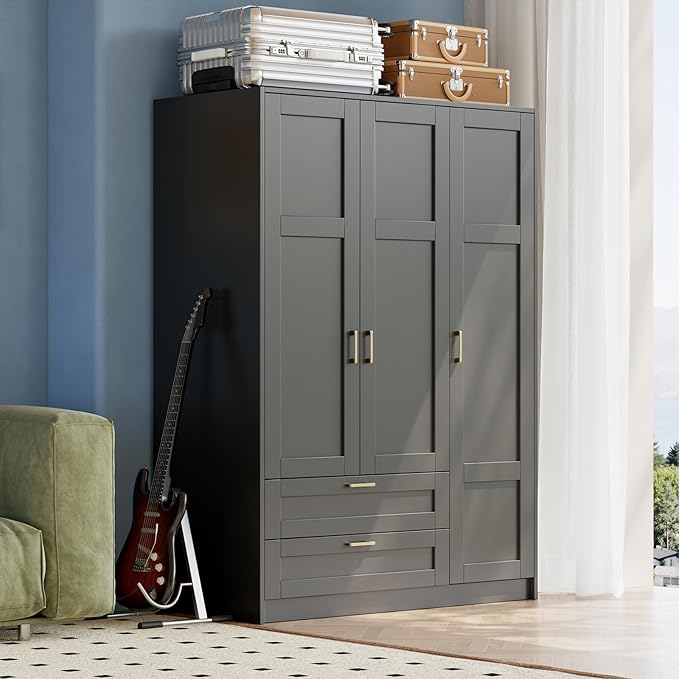 66" 3 Doors Wooden Wardrobe Closet Armoire with 2 Drawers & 3 Shelves, Wooden Wardrobe Closet with Hanging Rod, Bedroom Large Capacity Freestanding Armoire for Bedroom,Cloak Room,Entrance Hall, Black