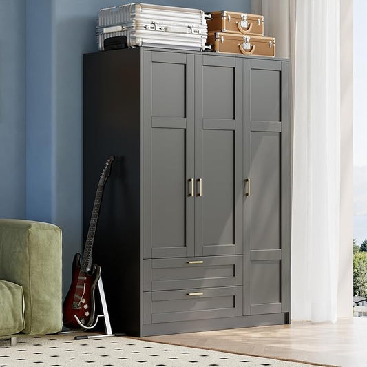 66" 3 Doors Wooden Wardrobe Closet Armoire with 2 Drawers & 3 Shelves, Wooden Wardrobe Closet with Hanging Rod, Bedroom Large Capacity Freestanding Armoire for Bedroom,Cloak Room,Entrance Hall, Black