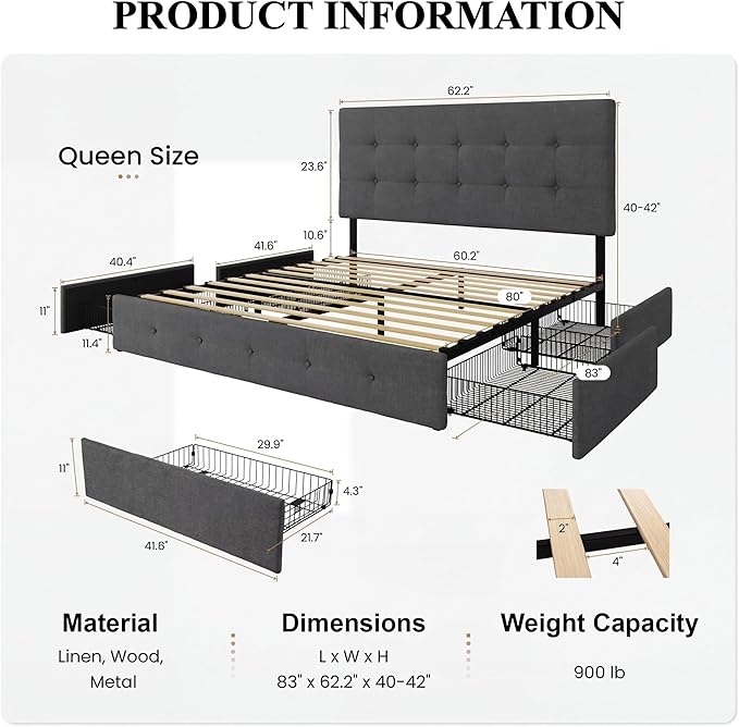 SHA CERLIN Upholstered Queen Size Platform Bed Frame with 4 Storage Drawers, Adjustable Headboard with Square Stitched Button Tufted Design, Wooden Slat Support, No Box Spring Needed, Dark Grey
