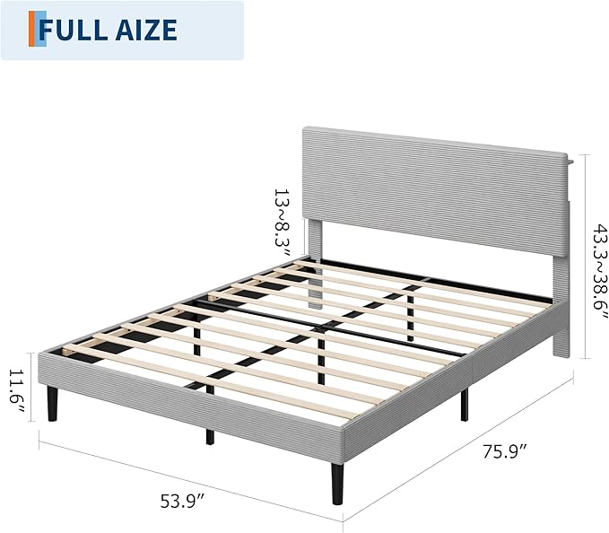 IDEALHOUSE Full Size Bed Frame, Platform Bed with Adjustable Corduroy Upholstered Storage Headboard and Charging Station, Sturdy Metal Support, Noise Free, Easy Assembly, Gray