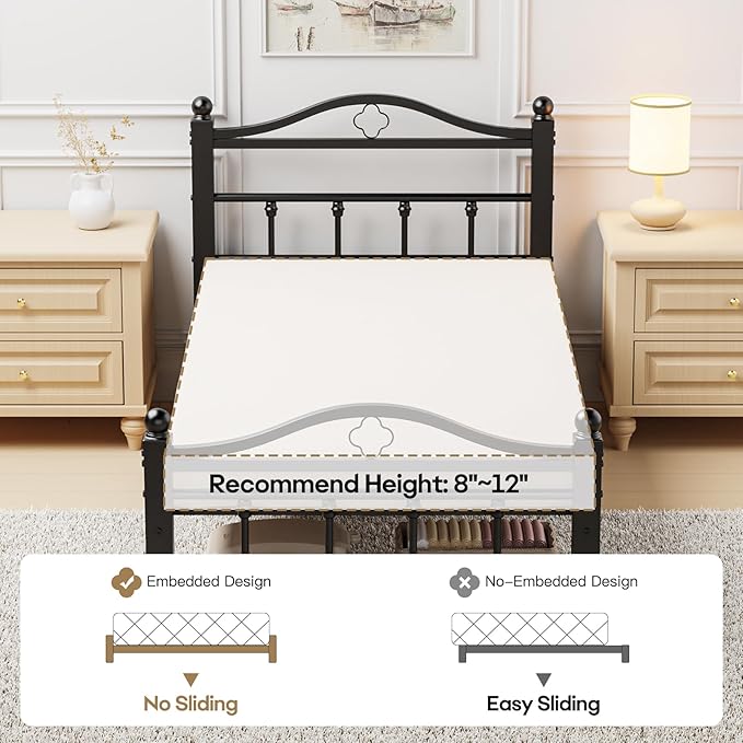 Twin Bed Frames with Vintage Headboard, 1500LBS Heavy Duty Twin Platform Bed Frame with Noise Free Design/12 Inch Under-Bed Storage Space/No Box Spring Needed/Tool-Free Assembly