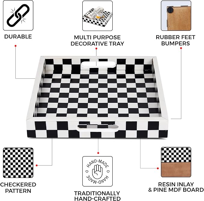 Handicrafts Home 12x12 Decorative Serving Tray, Black and White Checkered Resin Inlay Tray, Square Coffee Table Ottoman Tray for Living Room, Kitchen, Guest Tray Entertaining and Display Centerpiece