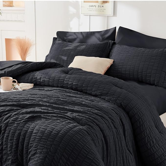 HYMOKEGE Black Duvet Cover Full Size, Ultra Soft 3-Piece Seersucker Duvet Cover Set with Zipper Closure, Soft Brushed Microfiber Bedding Set with 8 Corner Ties (80"x90", 2 Pillowshams)