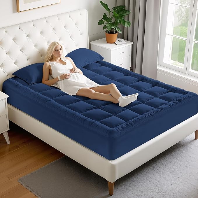 MATBEBY Queen Size Mattress Pad - Cooling Breathable Mattress Topper, Quilted Fitted Mattress Protector, Pillow Top Mattress Cover with 8-21" Deep Pocket, Machine Washable, Navy Blue, 60x80 Inches