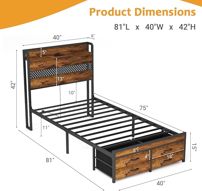 Zevemomo Twin Bed Frame with Storage Drawers, Twin Metal Bed Frame with LED Light and Charging Station, Heavy Duty Metal Slats, No Box Spring Needed, Rustic Brown