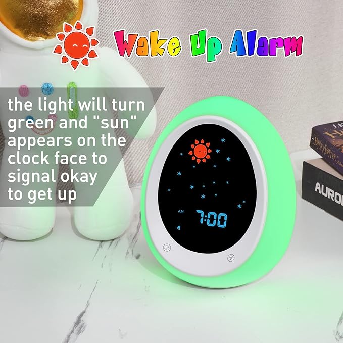 Kids Alarm Clock, Toddler Sleep Training Clock with Sun & Moon, Sound Machine, Night Light, Ok to Wake Alarm Clock for Children