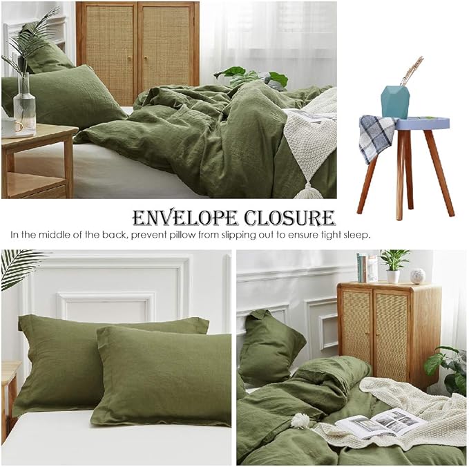 Simple&Opulence 100% Linen Duvet Cover Set 2pcs Basic Style Natural French Washed Flax Solid Color Soft Breathable Farmhouse Bedding with Button Closure - Olive Green, Twin