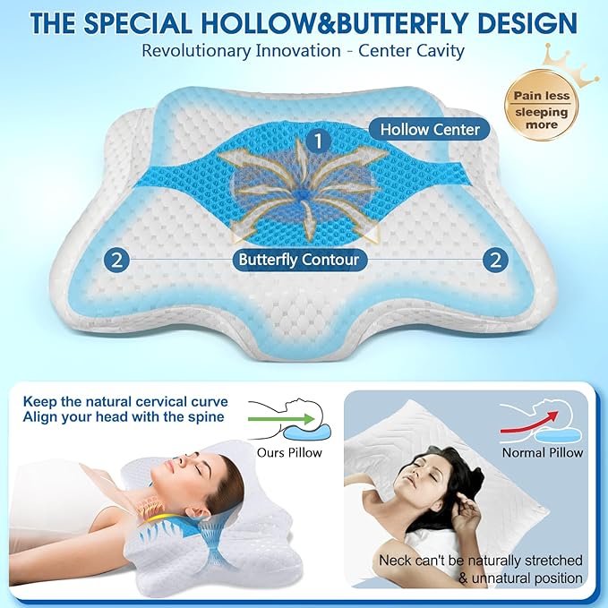 CHxxy Memory Foam Pillows, Cervical Pillow for Neck and Shoulder Pain Relief, Ergonomic Contour Bed Pillow, Soft for Side Sleep Stomach Sleeping and Back Sleeper-Queen Size&Blue