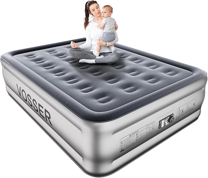 VOSSER Air Mattress Full with Built in Pump,18’’Blow Up Mattress,Self Inflatable Mattress in 3 Mins,Portable Air Bed for Camping,Floor&Travel,Full Size Air Mattress for Adults 660LB Max,Silver