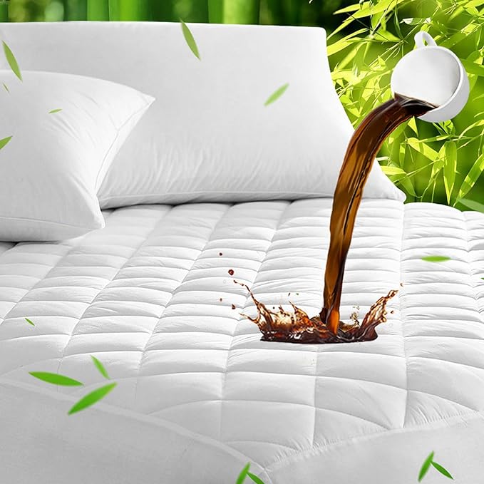 UNILIBRA Queen Mattress Pad Waterproof Rayon Made from Bamboo, Fitted Deep Pocket Mattress Cover fits 6''-25'', Breathable Quilted Mattress Protector, White