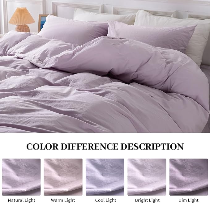 NEXHOME PRO Duvet Cover Set 100% Washed Cotton Oversized Queen 92"x98", Organic Natural Linen Look Textured 3 Pieces Bedding Set Lavender Lilac with Zipper Closure, Breathable Soft (No Comforter)