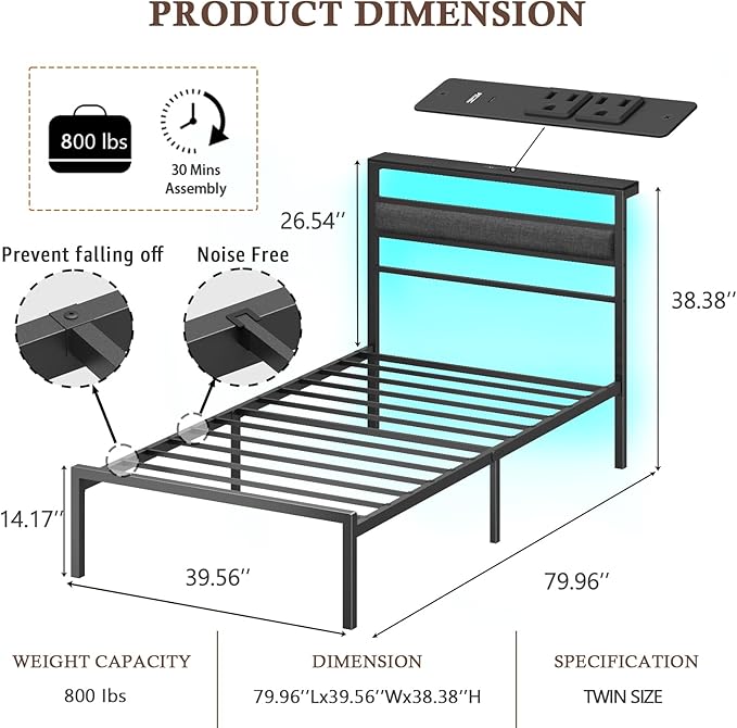 OURPIC Twin Bed Frames for Kids, Metal Platform Bed Frame Twin Size with Charging Station and LED Lights, Upholstered Headboard and Storage Shelf, No Box Spring Needed, Easy Assembly