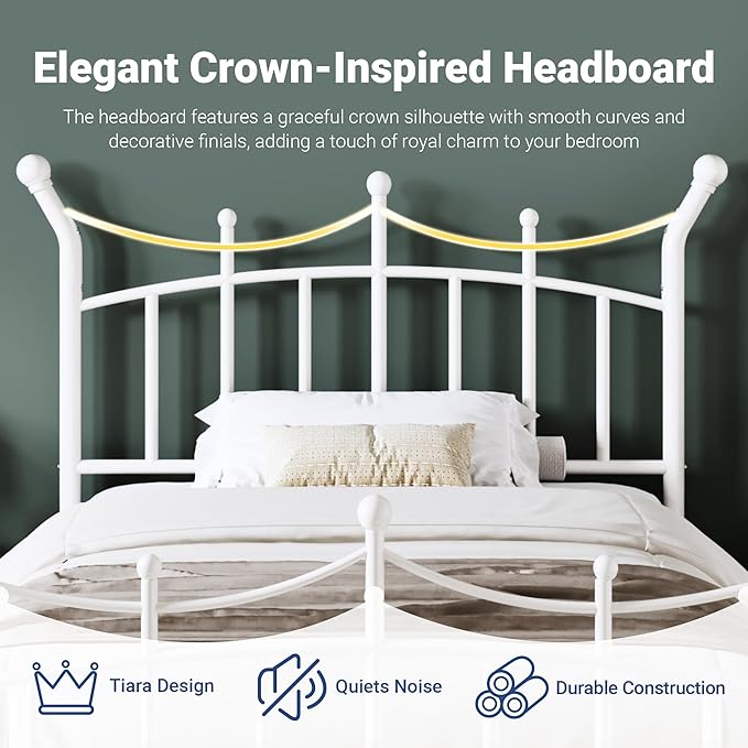 Allewie 14 Inches Twin Size Metal Platform Bed Frame with Elegant Crown Iron-Art Headboard & Footboard, Sturdy Mattress Foundation with Under-Bed Storage, Easy Assembly, No Box Spring Needed, White