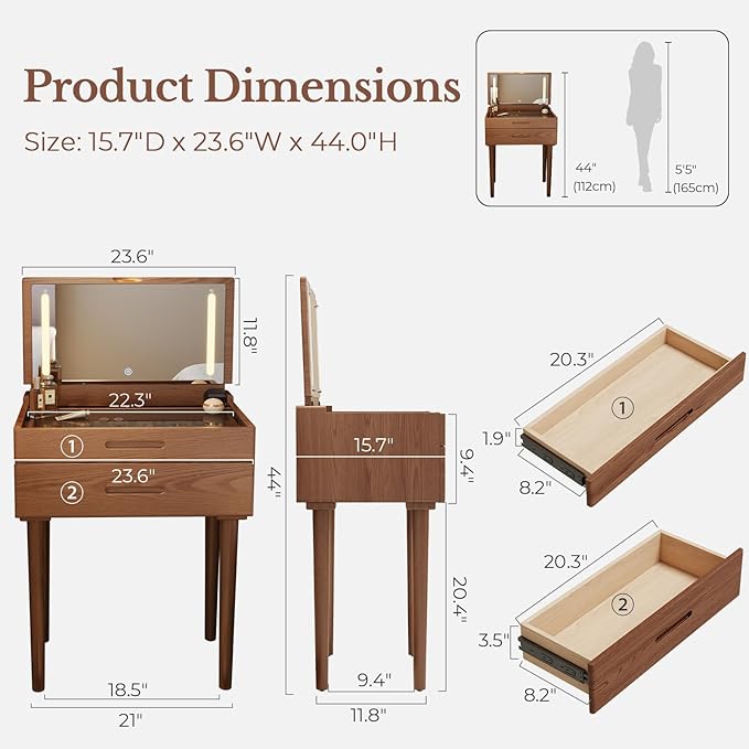 Muwuele Solid Wood Small Vanity Desk with Mirror and Lights, Narrow Makeup Vanity for Small Space, Flip Top Vanity Side Table, 3 Color Modes & Adjustable Brightness, 23.6" Slim Dressing Table, Walnut