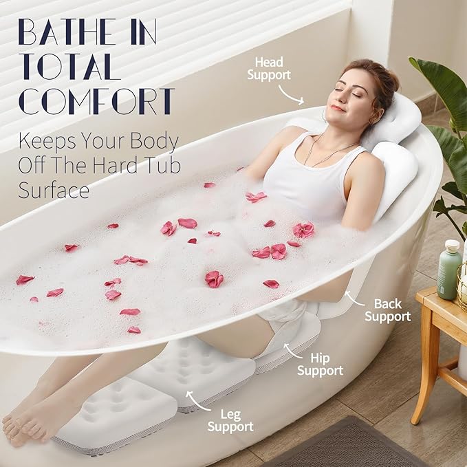 Full Body Bath Pillow for Bathtub, Thick Bathtub Cushion, Luxury Tub Pillow for Bath for Headrest Neck and Back Support White 60" x 16"