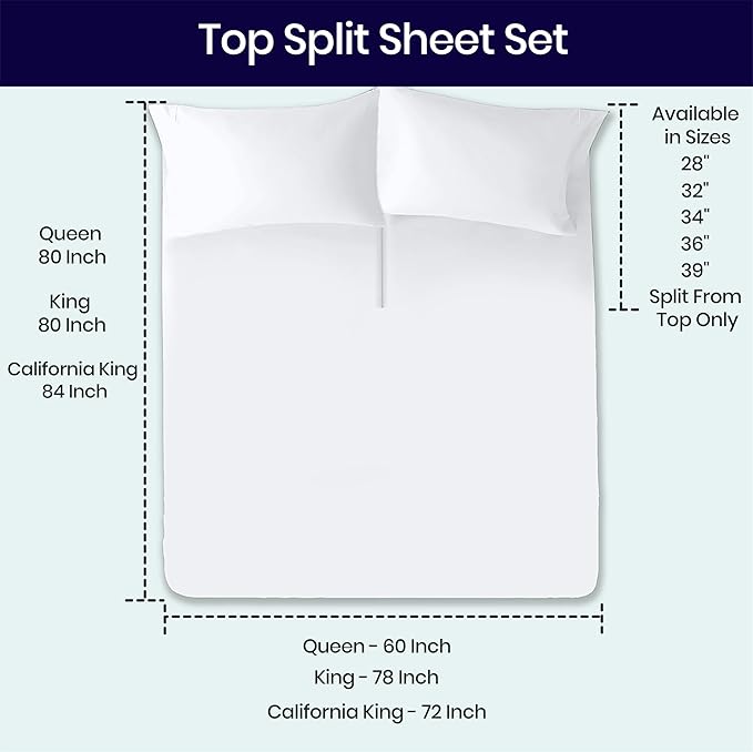SGI bedding 28" King Split Top Flex Head Sheet 100% Egyptian Cotton Sheet Set 1000 Thread Count Flex Top Sheet for Adjustable Bed 4Pc Sheet Set 15" Deep Pocket for Sleep Number Bed - White