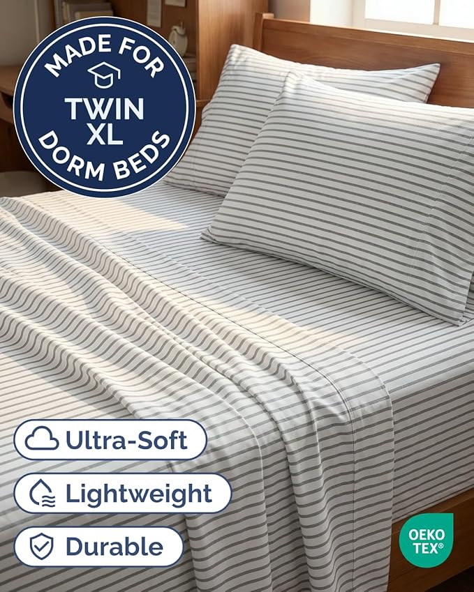 Twin XL 4 Piece Sheet Set - Comfy, Breathable & Cooling - Soft Hotel Luxury Bedding for Women, Men, Kids, Teens & Children - 1 Flat & 1 Fitted Sheet & 2 Pillowcases w/ Deep Pockets - Grey Stripes 2