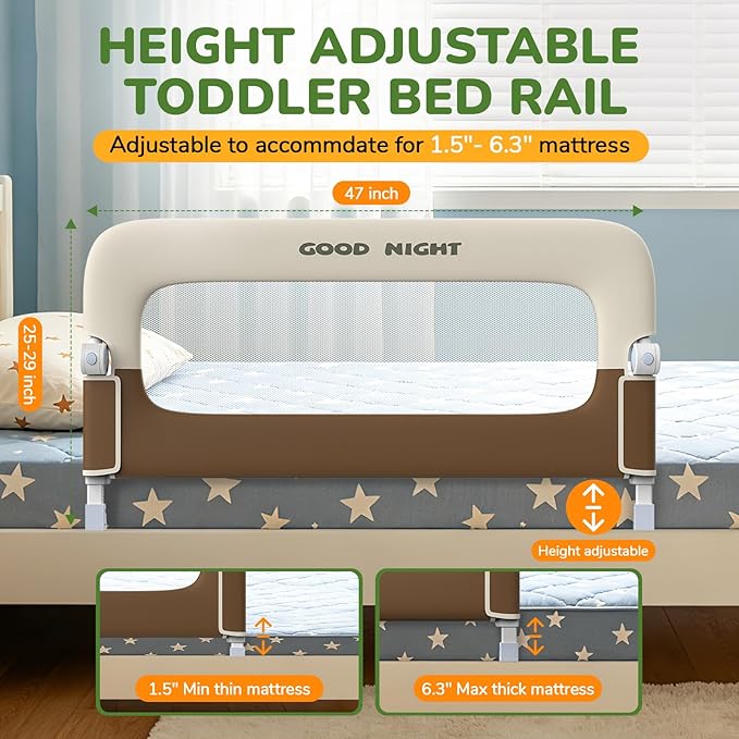 Bed Guard Rail for Toddlers - 47" Adjustable Heights & Folding up Portable Bed Railing for Baby - Toddler Bed Rails Guard for Crib, Twin, Bunk,Full Size, Queen & King Bed