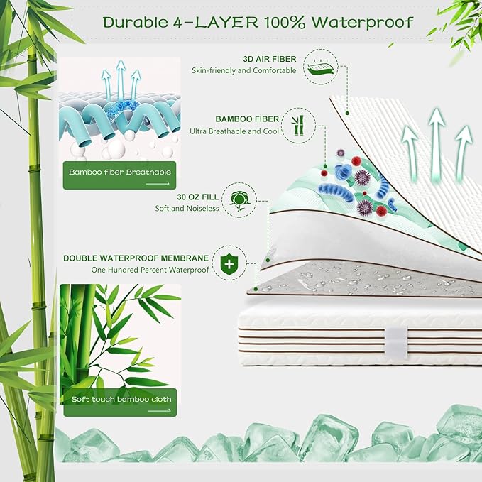GRT Twin Waterproof Mattress Protector Rayon Bamboo - 3D Air Fiber Cooling Mattress Cover Breathable Ultra Soft, Mattress Pad Noiseless Fits up to 19'' Deep Pocket Washable