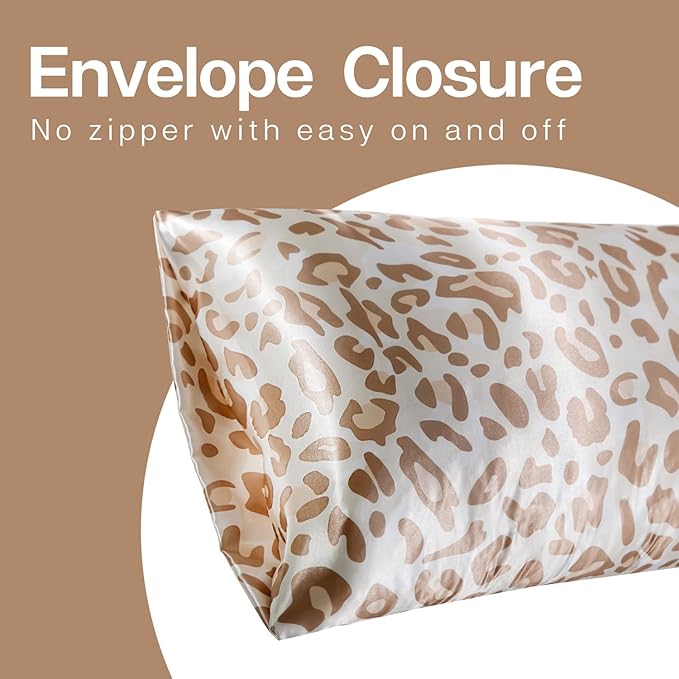 MR&HM Satin Pillowcase for Hair and Skin, Silk Satin Pillowcase 2 Pack, Queen Size Pillow Cases Set of 2, Silky Pillow Cover with Envelope Closure (20x30, Champagne Leopard)