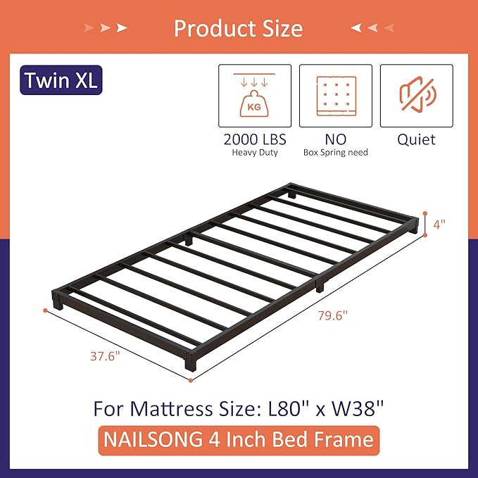 Nailsong 4 Inch Twin XL Bed Frames Low Profile, XL Twin Bed Frame No Box Spring Needed, Heavy Duty Metal, Easy Assembly, Black