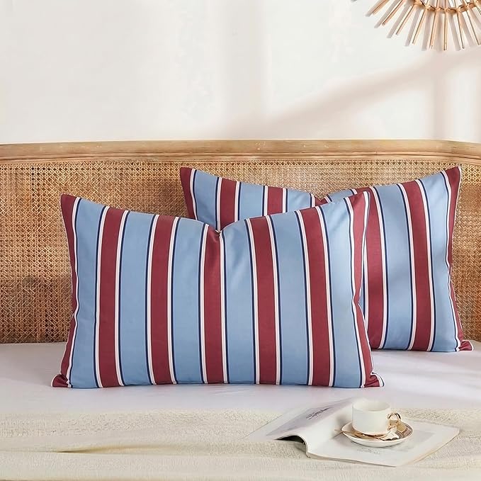 Merryword Burgundy and Blue Striped Pillowcases, 100% Cotton Pillow Cases, Queen Size Pillowcases, Luxury Linen Like Pillowcase, Soft Breathable Stripe Pillow Covers, Set of 2