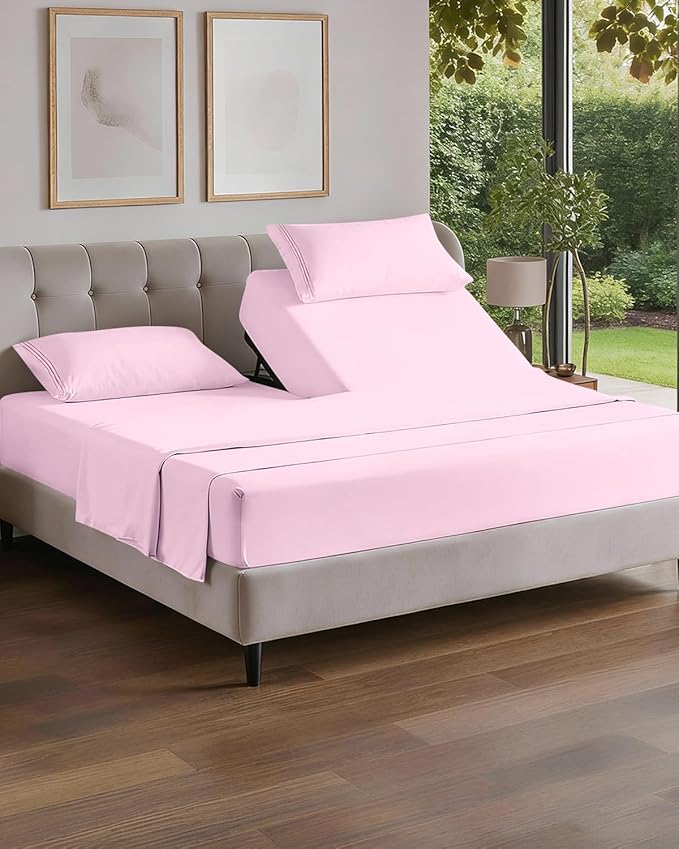 Flex Top Split Head King 4 Piece Sheet Set - Ultra-Soft, Breathable & Cooling Bed Sheets Set - Hotel Luxury Bedding for Women & Men with Deep Pockets - Wrinkle and Fade Free - Oeko-Tex - Light Pink