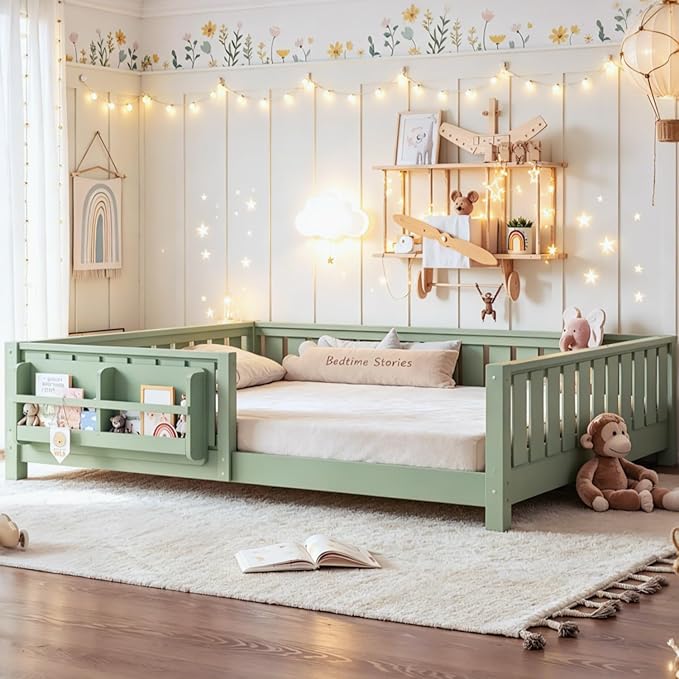 Bellemave Queen Floor Bed Frame with Fence & Bookshelf, Solid Pinewood Montessori Floor Bed Frame Queen with Slats Load 550LBS, Low Floor Bed for Bedroom, Nursery, Easy Assembly, Green