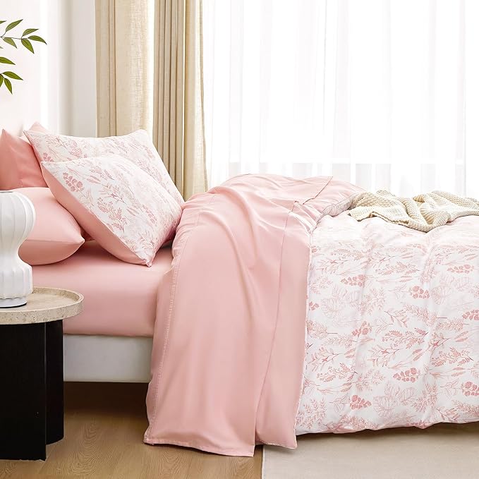 Wake In Cloud - Floral Duvet Cover Set, Botanical Vintage Flower Coquette Cottagecore Aesthetic for Women Teen Girls, Soft Lightweight Bedding, 3-Piece, Blush Pink, Twin/Twin XL Size