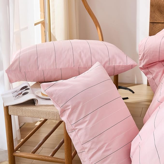 Merryword Pink Striped Pillowcases, 100% Cotton Pillow Cases, Queen Size Pillowcases, Luxury Linen Like Pillowcase, Soft Breathable Pinstripe Pillow Covers, Set of 2