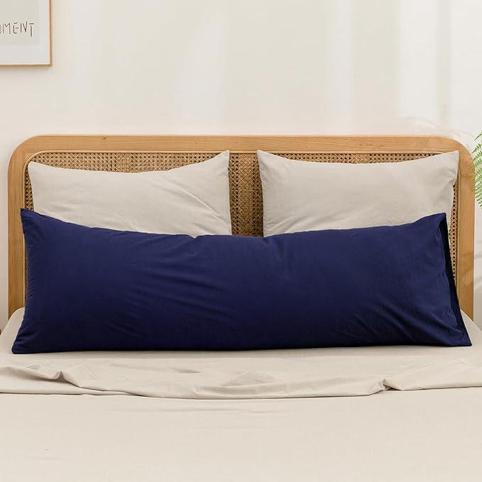 BESTOUCH 100% Washed Cotton Pillowcase for Hair and Skin Linen Feel Soft Comfortable Breathable 1 Pcs Pillow Case with Envelope Closure Solid Navy Blue Body 20x54 Inches