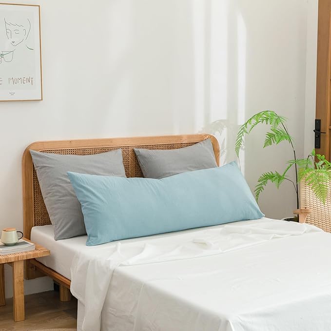 BESTOUCH 100% Washed Cotton Pillowcase for Hair and Skin Linen Feel Soft Comfortable Breathable 1 Pcs Pillow Case with Envelope Closure Solid Hushed Green Body 20x54 Inches