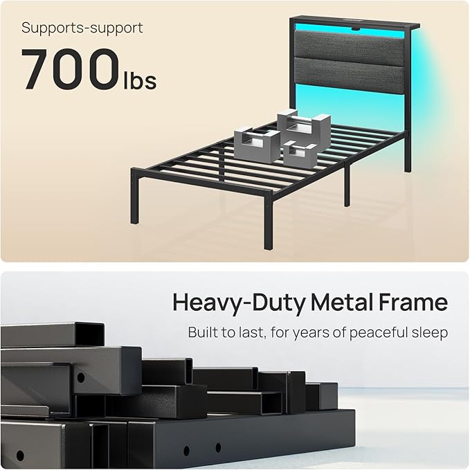 Rolanstar Bed Frame Twin Size with Charging Station, LED Twin Bed Frame with Upholstered Storage Headboard, Platform Bed with Metal Slats & Under Bed Storage, No Box Spring Needed, Noise Free, Grey