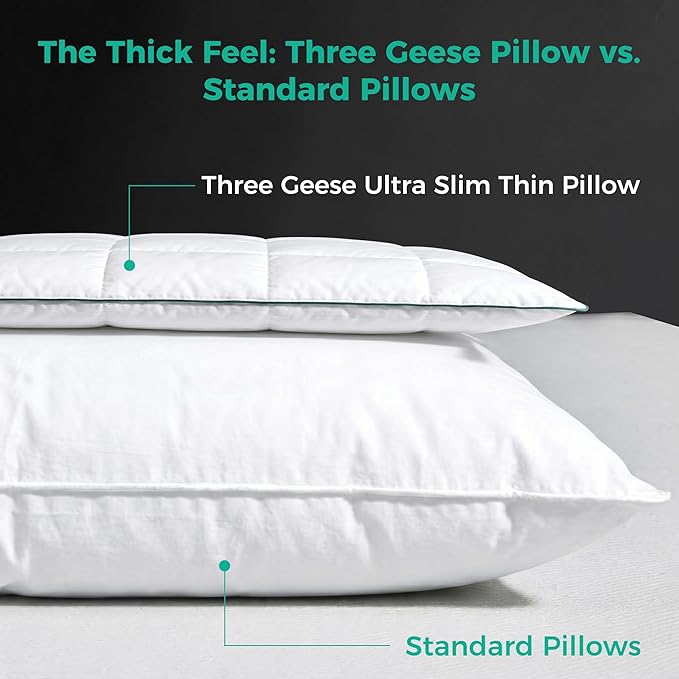 Three Geese Ultra Thin Flat Goose Down Feather Pillows for Sleeping Standard Size, 2.5" Height, 100% Cotton Cover, Ultra Slim Hotel Collection Bed Pillow for Stomach, Back Sleeper, 18x26 in.