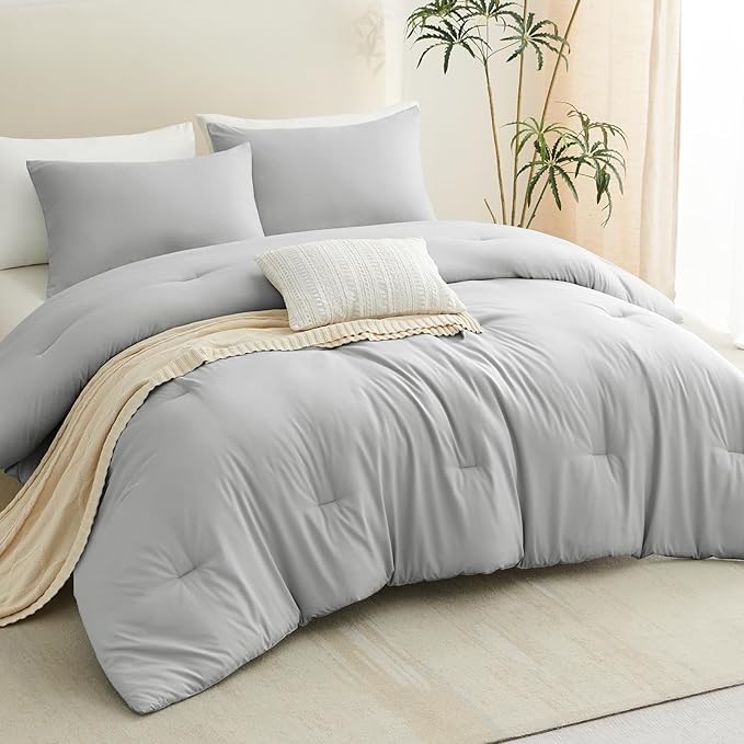 CozyLux Queen Comforter Set Light Grey, 3 Pieces Solid Comforters Queen Size Breathable Bedding Sets, Light Gray Luxury Soft Lightweight Bed Set with Down Alternative Comforter and 2 Pillowcases