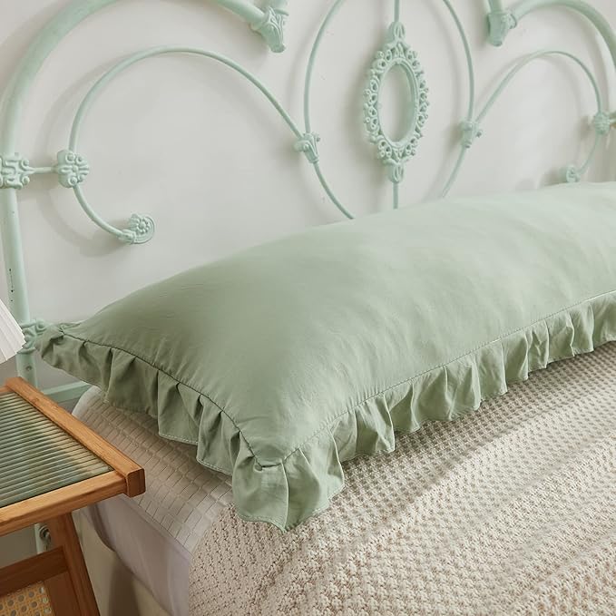Sage Green Body Pillow Cover 20x54inches Long Pillowcase Ruffled Pillowcases Shabby Chic Ruffled Fringe Decor Body Ruffled Pillow Sham Cute Pillowcase (1 Body, Sea Green)