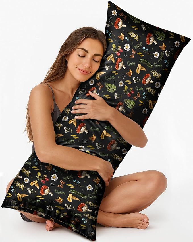 Miss Adola Silk Body Pillow Cover with Zipper - 20x54 Inch Silk Long Pillow Case for Women Ladies Adults Soft Bed Decorative Cute Boho Large Body Pillowcase Sham for Hair and Skin, Mushroom Plants