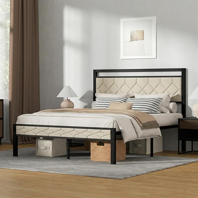 Z-hom Easy Assembly Upholstered Platform Bed Frame with Soft Padded Headboard, Modern Linen Fabric Mattress Foundation, No Box Spring Needed, Noise-Free & Sturdy Metal Support, Queen Size (Beige)
