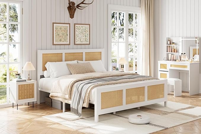 IDEALHOUSE Rattan Bed Frame with Headboard, Boho Queen Bed Frame with Strong Metal Slats Support, No Box Spring Needed, Noise-Free Design, White